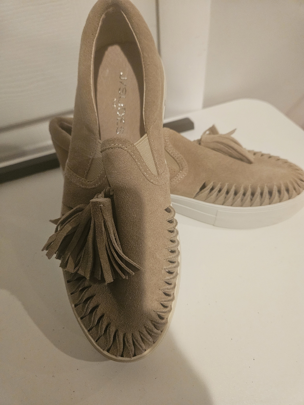 J/SLIDES Taupe Suede Tassel Slip-On Moccasins